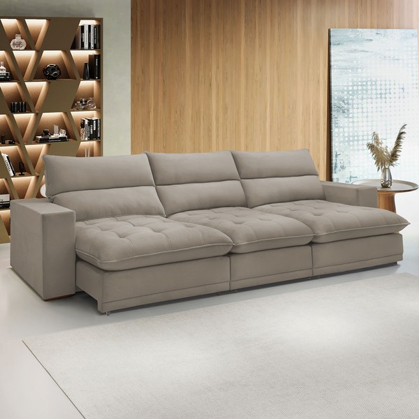 Sofá 5 Lugares Martinho Retrátil Veludo Bege Claro  - Celflex