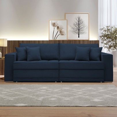Sofá Cama 3 Lugares Noel Retrátil 20591 Veludo Azul  - Celflex