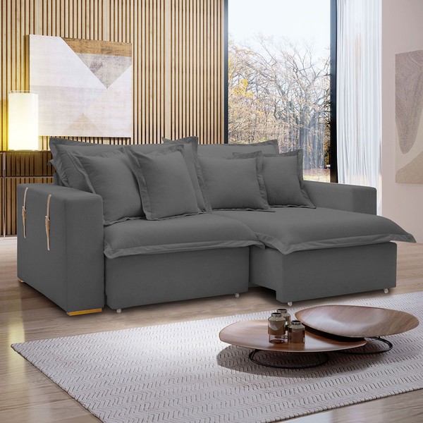 Sofá Cama 3 Lugares Arizona Retrátil 20735 Veludo Cinza  - Celflex