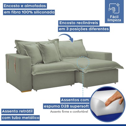 Sofá Cama 3 Lugares Arizona Retrátil 20735 Boucle Verde - Celflex