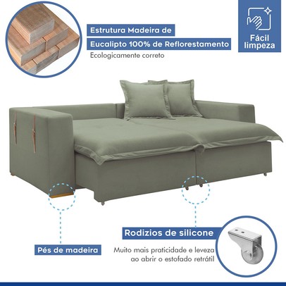 Sofá Cama 3 Lugares Arizona Retrátil 20735 Boucle Verde - Celflex