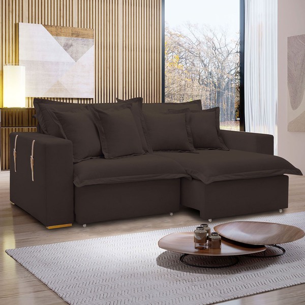 Sofá Cama 3 Lugares Arizona Retrátil Veludo Marrom - Celflex
