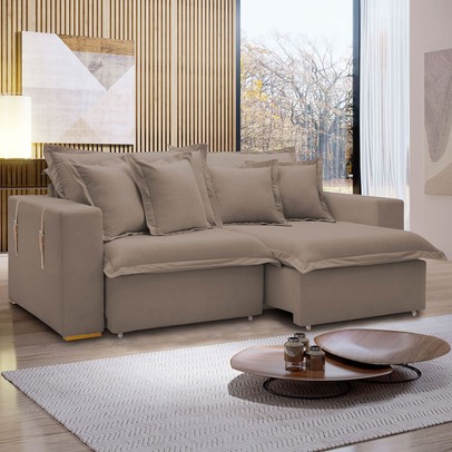 Sofá Cama 3 Lugares Arizona Retrátil Veludo Bege Escuro - Celflex
