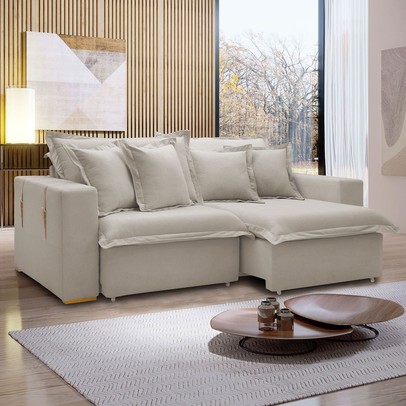 Sofá Cama 3 Lugares Arizona Retrátil Veludo Bege Claro - Celflex