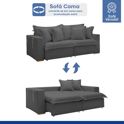 Sofá Cama 3 Lugares Arizona Retrátil Veludo Cinza - Celflex