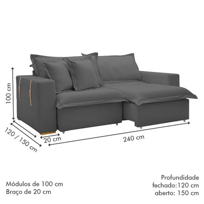 Sofá Cama 3 Lugares Arizona Retrátil Veludo Cinza - Celflex