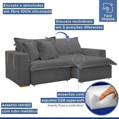 Sofá Cama 3 Lugares Arizona Retrátil Veludo Cinza - Celflex