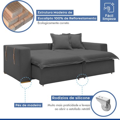 Sofá Cama 3 Lugares Arizona Retrátil Veludo Cinza - Celflex