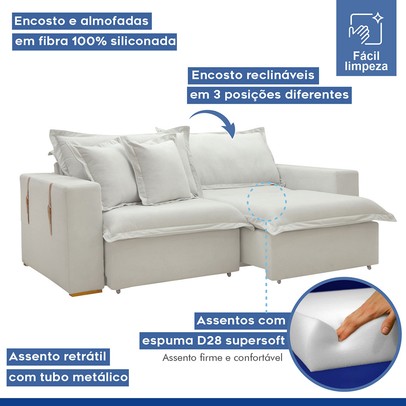 Sofá Cama 3 Lugares Arizona Retrátil Boucle Gelo - Celflex