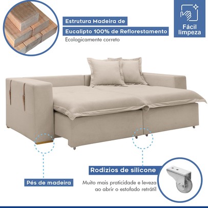 Sofá Cama 3 Lugares Arizona Retrátil Boucle Bege - Celflex