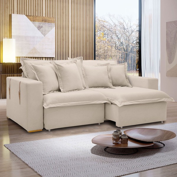 Sofá Cama 3 Lugares Arizona Retrátil Boucle Bege - Celflex