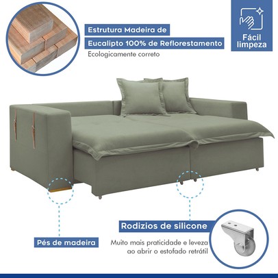 Sofá Cama 3 Lugares Arizona Retrátil Boucle Verde - Celflex