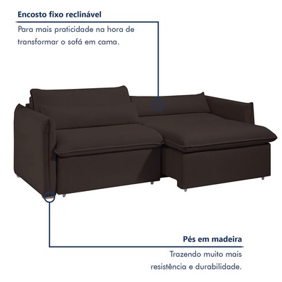Sofá Cama 3 Lugares Aurora Retrátil Veludo Marrom - Celflex
