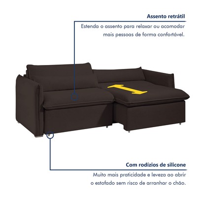 Sofá Cama 3 Lugares Aurora Retrátil Veludo Marrom - Celflex