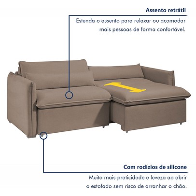 Sofá Cama 3 Lugares Aurora Retrátil Veludo Bege Escuro - Celflex