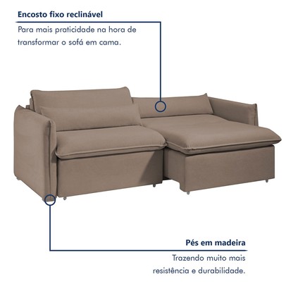 Sofá Cama 3 Lugares Aurora Retrátil Veludo Bege Escuro - Celflex