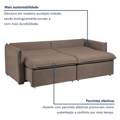 Sofá Cama 3 Lugares Aurora Retrátil Veludo Bege Escuro - Celflex