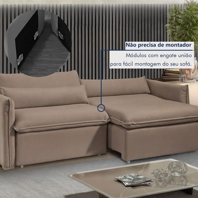 Sofá Cama 3 Lugares Aurora Retrátil Veludo Bege Escuro - Celflex