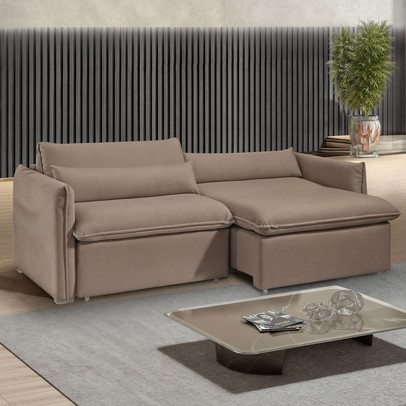 Sofá Cama 3 Lugares Aurora Retrátil Veludo Bege Escuro - Celflex