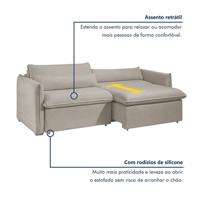 Sofá Cama 3 Lugares Aurora Retrátil Veludo Bege Claro - Celflex