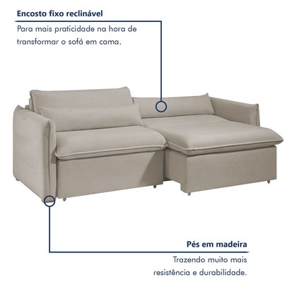 Sofá Cama 3 Lugares Aurora Retrátil Veludo Bege Claro - Celflex