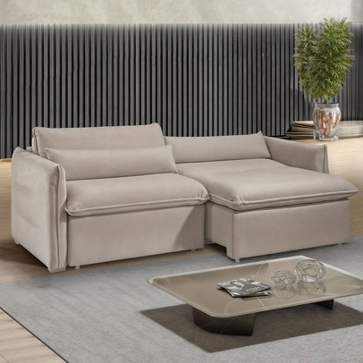 Sofá Cama 3 Lugares Aurora Retrátil Veludo Bege Claro - Celflex