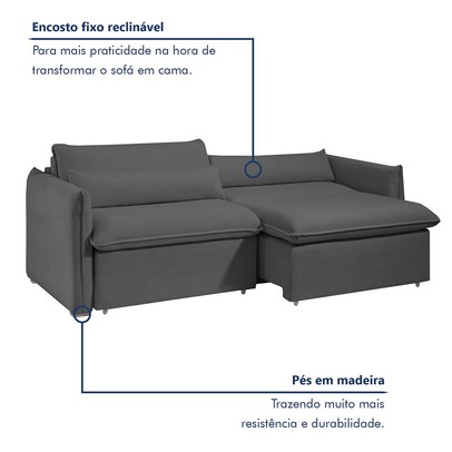 Sofá Cama 3 Lugares Aurora Retrátil Veludo Cinza - Celflex
