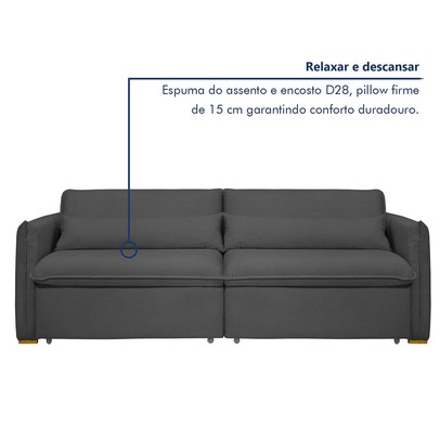 Sofá Cama 3 Lugares Aurora Retrátil Veludo Cinza - Celflex