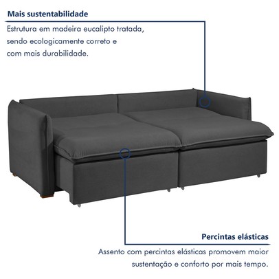 Sofá Cama 3 Lugares Aurora Retrátil Veludo Cinza - Celflex