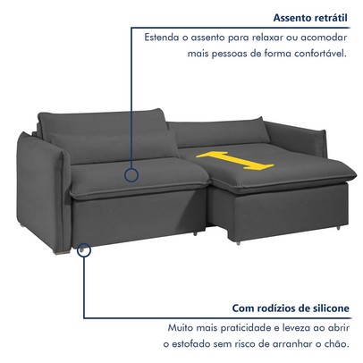 Sofá Cama 3 Lugares Aurora Retrátil Veludo Cinza - Celflex