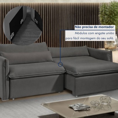 Sofá Cama 3 Lugares Aurora Retrátil Veludo Cinza - Celflex