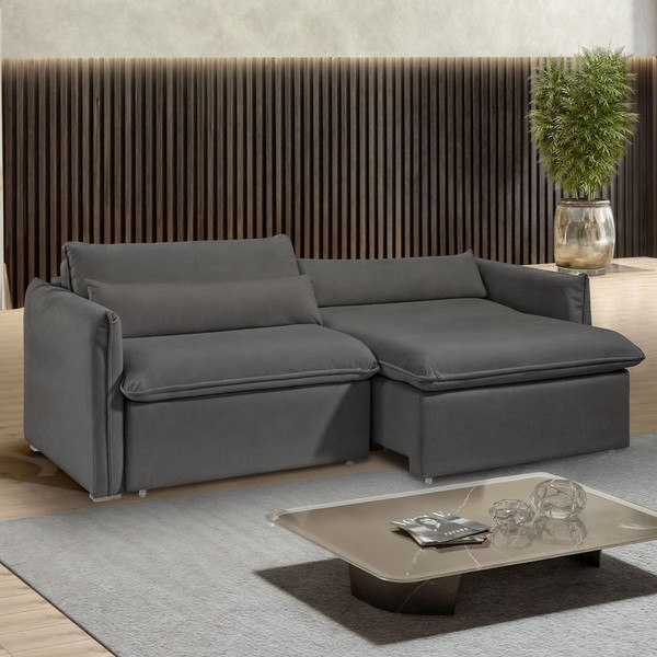 Sofá Cama 3 Lugares Aurora Retrátil Veludo Cinza - Celflex