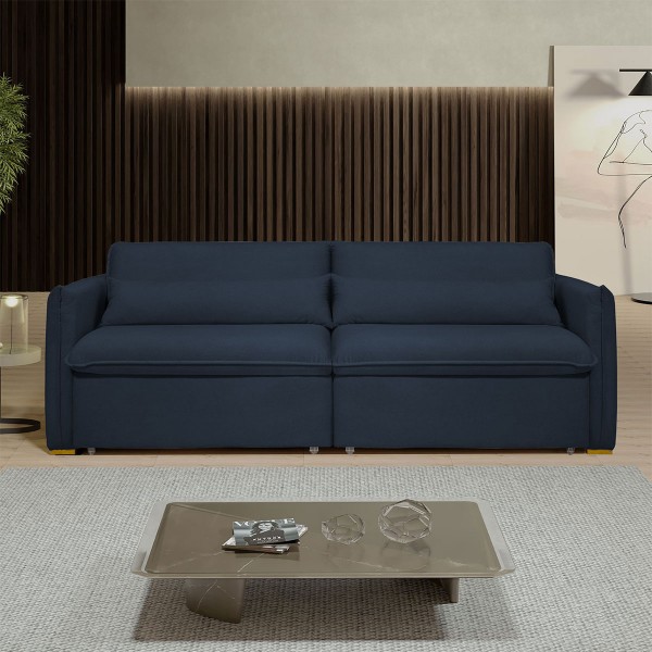 Sofá Cama 3 Lugares Aurora Retrátil Veludo Azul - Celflex