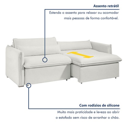 Sofá Cama 3 Lugares Aurora Retrátil Boucle Gelo - Celflex