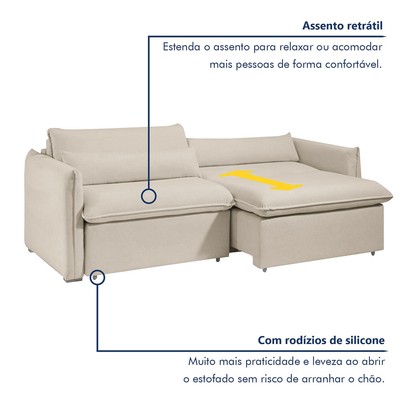Sofá Cama 3 Lugares Aurora Retrátil Boucle Bege - Celflex