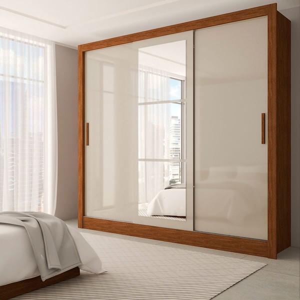 Guarda-Roupa Casal Sophia 3 Portas 3 Gavetas com Espelho Cinamomo/Off White - Panorama Móveis