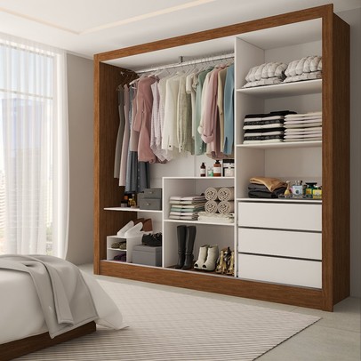 Guarda-Roupa Casal Sophia 3 Portas 3 Gavetas com Espelho Cinamomo/Off White - Panorama Móveis