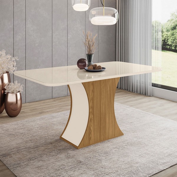 Mesa de Madeira Luiza com Vidro Sc15 Nature/Off White - Henn