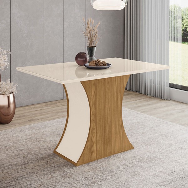 Mesa de Madeira Luiza com Vidro Nature/Off White - Henn