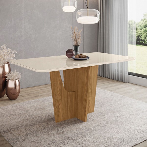 Mesa de Madeira Vértice com Vidro Sc35 Nature/Off White - Henn