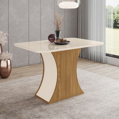 Mesa de Madeira Luiza com Vidro Canto Arredondado Nature/Off White - Henn