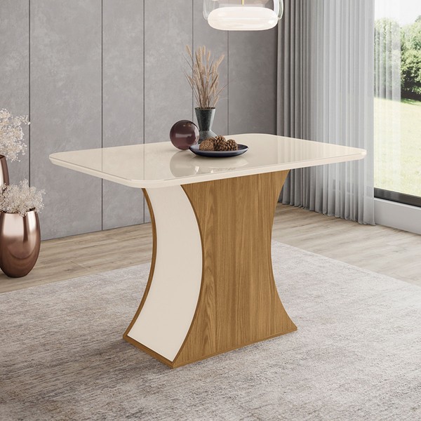 Mesa de Madeira Luiza com Vidro Canto Arredondado Nature/Off White - Henn