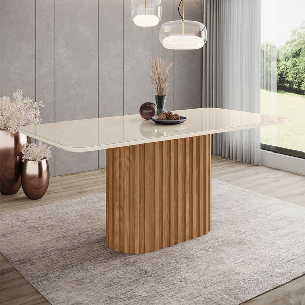 Mesa de Madeira Solana com Vidro Nature/Off White - Henn