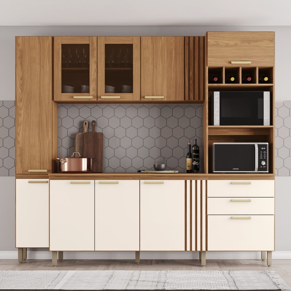 Cozinha Compacta 10 Portas 2 Gavetas com Vidro Be402 Nature/Off White - Briz