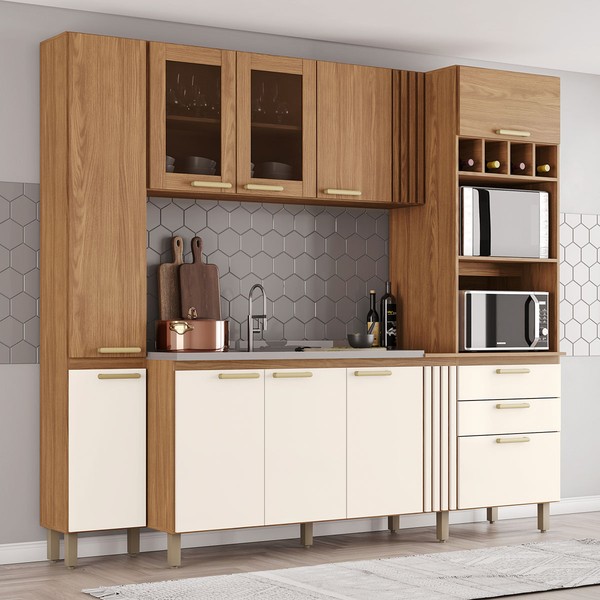 Cozinha Compacta Bc01 10 Portas 2 Gavetas com Vidro Be406 Nature/Off White - Briz