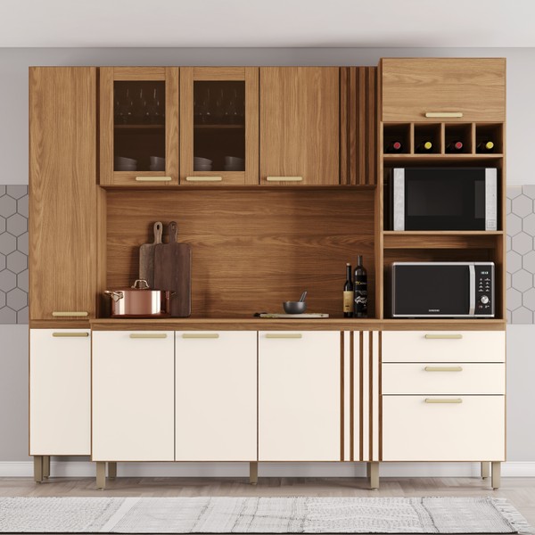 Cozinha Compacta Bc01 10 Portas 2 Gavetas com Vidro Nature/Off White - Briz