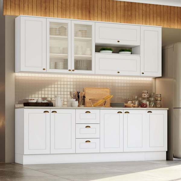 Cozinha Compacta Americana 11 Portas 3 Gavetas com Vidro Branco - Henn