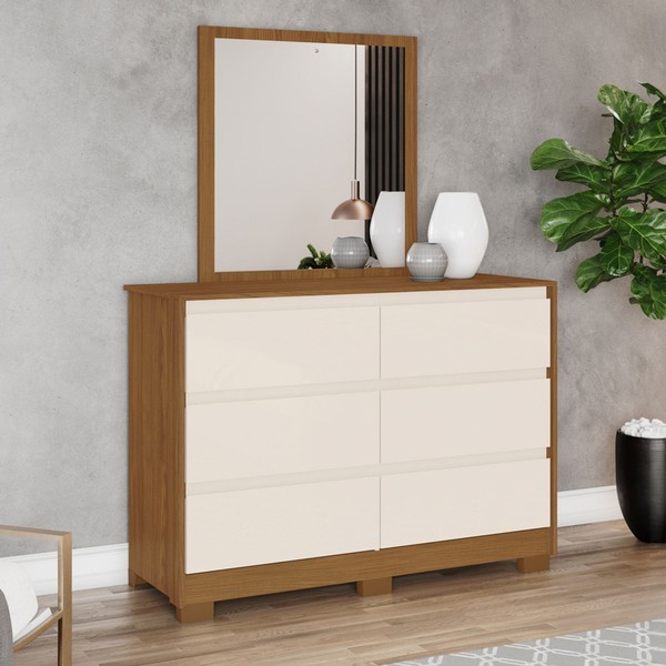 Cômoda Ravenna 6 Gavetas com Espelho Nature/Off White - Henn