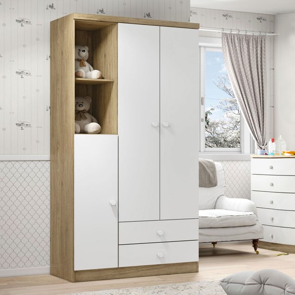 Guarda-Roupa Infantil Bala de Menta 3 Portas 2 Gavetas Rústico/Branco - Henn