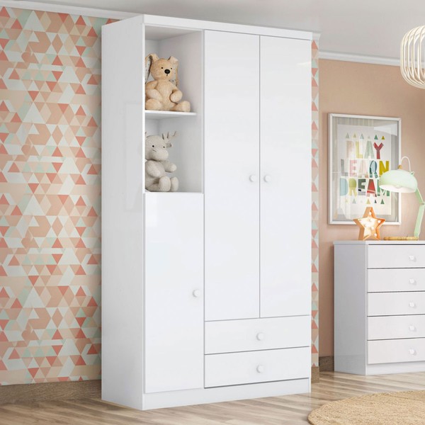 Guarda-Roupa Infantil  Bala de Menta 3 Portas 2 Gavetas Branco - Henn
